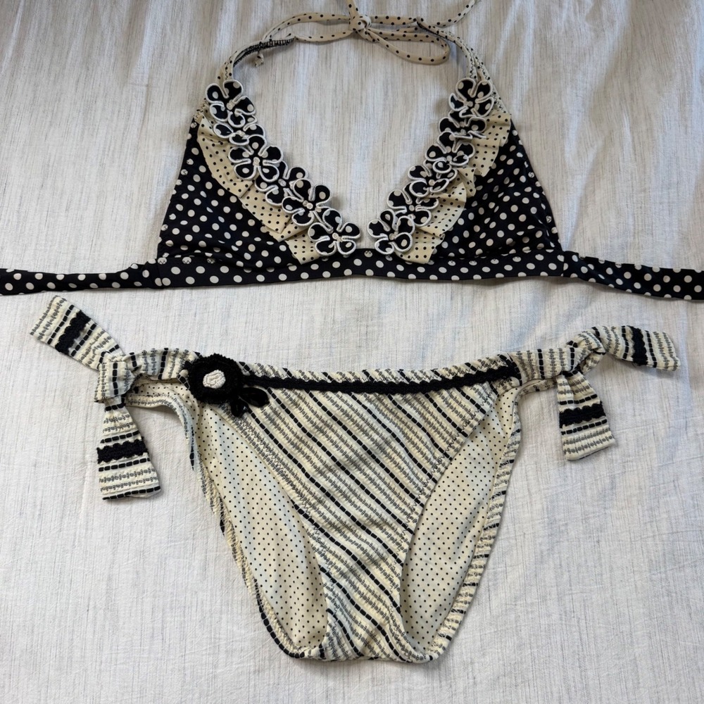 Betsey Johnson Women's L Black Cream Polka Dot Striped Ruffle 2 pc Bikini Set